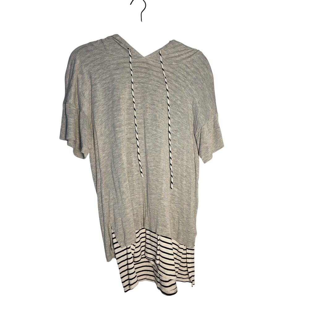 Chicos Hooded Tunic Womens 5 Gray Layered Stripe Hem Plus Size Casual Top